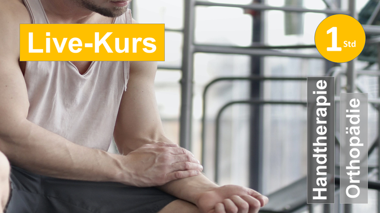 Sie sehen einen Sportler, der an seinen schmerzenden Unterarm fasst, als Assoziation zum Webseminar zu Überlastungssyndromen am Ellenbogen für Ergotherapie + Physiotherapie in der Orthopädie und Neurologie in Klinik + Praxis