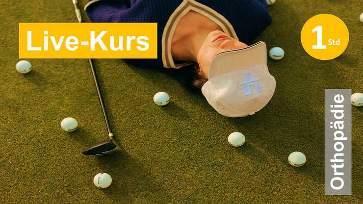 Sie sehen einen Golfspieler im Green zwischen Golfbällen liegen als Assoziation zum Webseminar über Sehnereizung am Ellenbogen für Ergotherapie + Physiotherapie in der Orthopädie in Klinik + Praxis